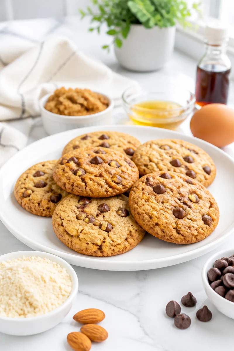 Easy almond flour chocolate chip cookies on a plate