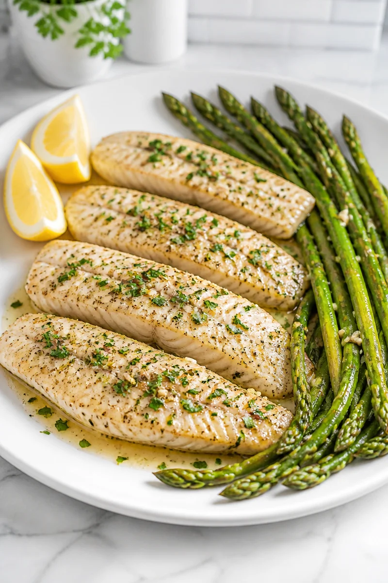 Baked garlic butter tilapia with asparagus on a plate, ready to serve.