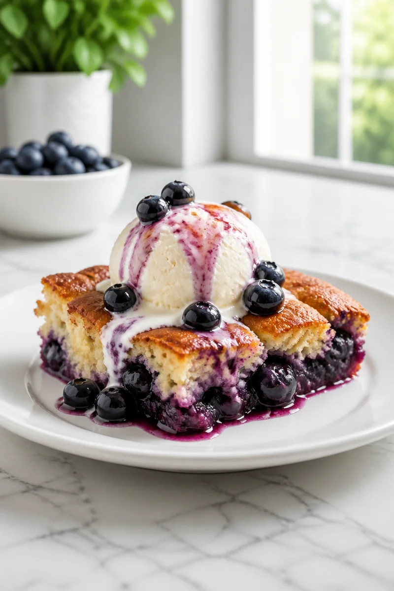 Delicious homemade blueberry cobbler served in a dish with fresh blueberries
