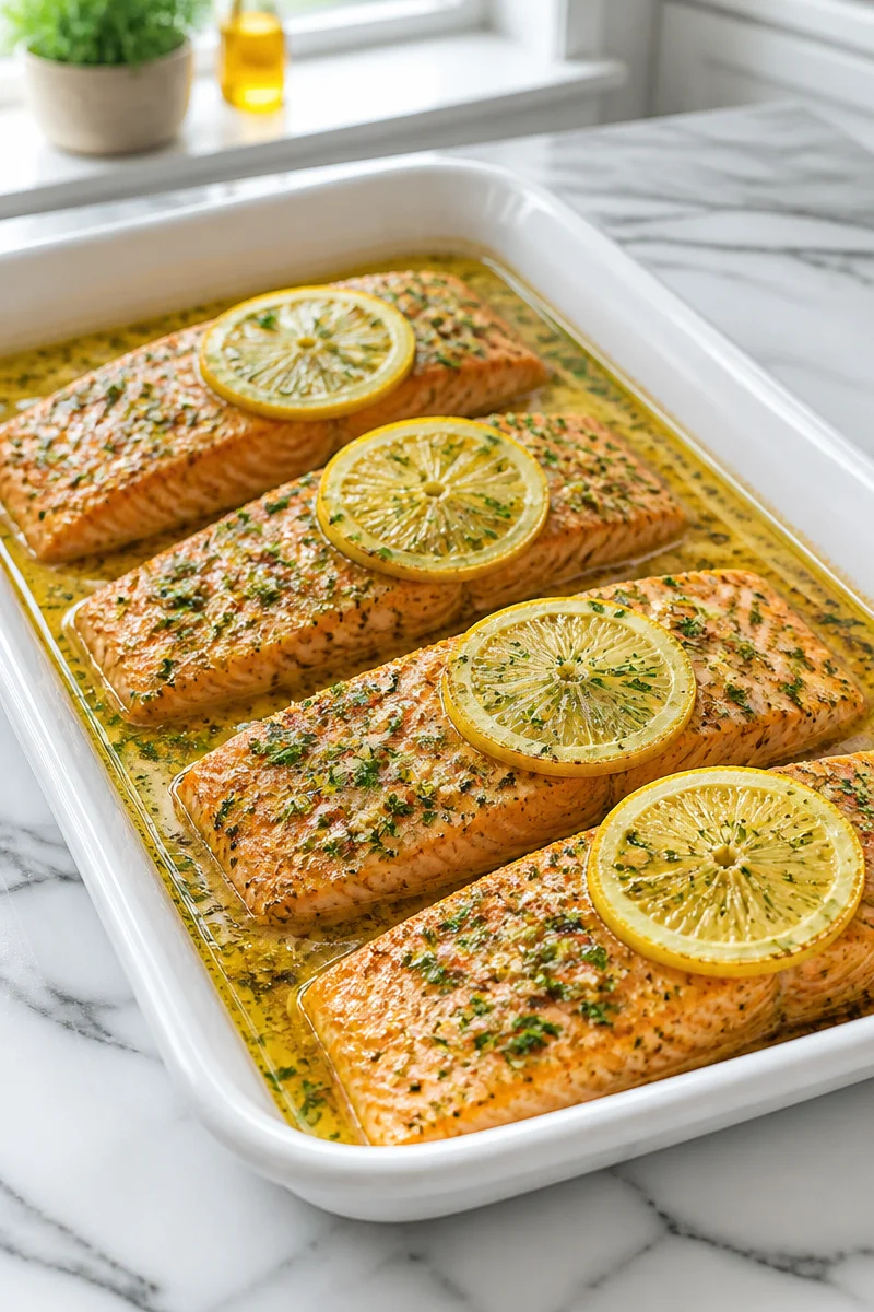 Baked salmon fillet with lemon garlic butter sauce