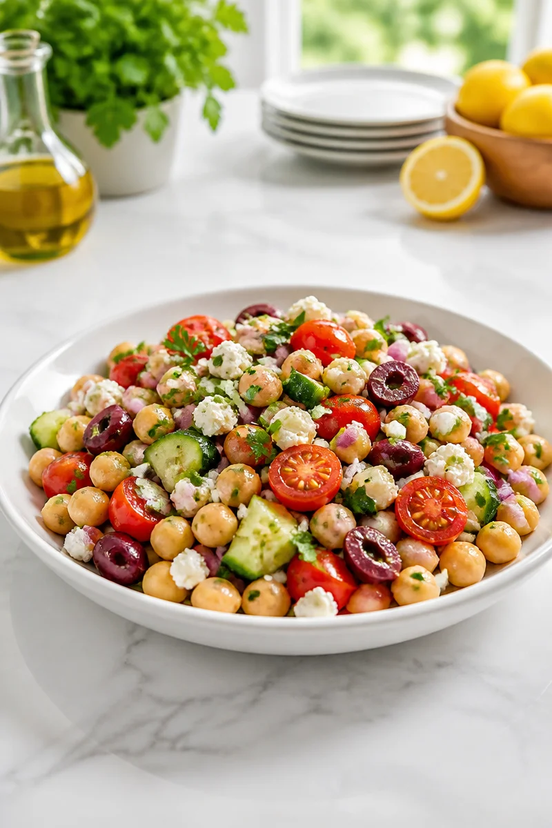 Colorful Mediterranean Chickpea Salad Bowl with fresh vegetables