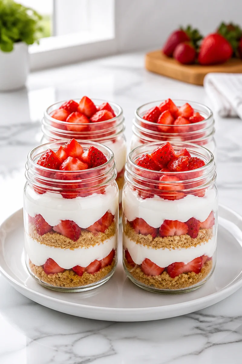 Easy no-bake strawberry cheesecake jar with fresh strawberries on top