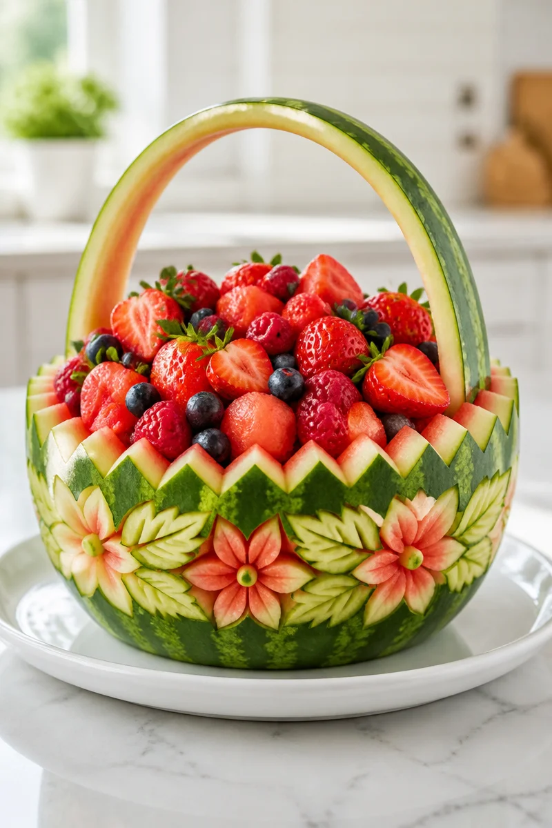 Edible Carved Melon And Berry Fruit Basket