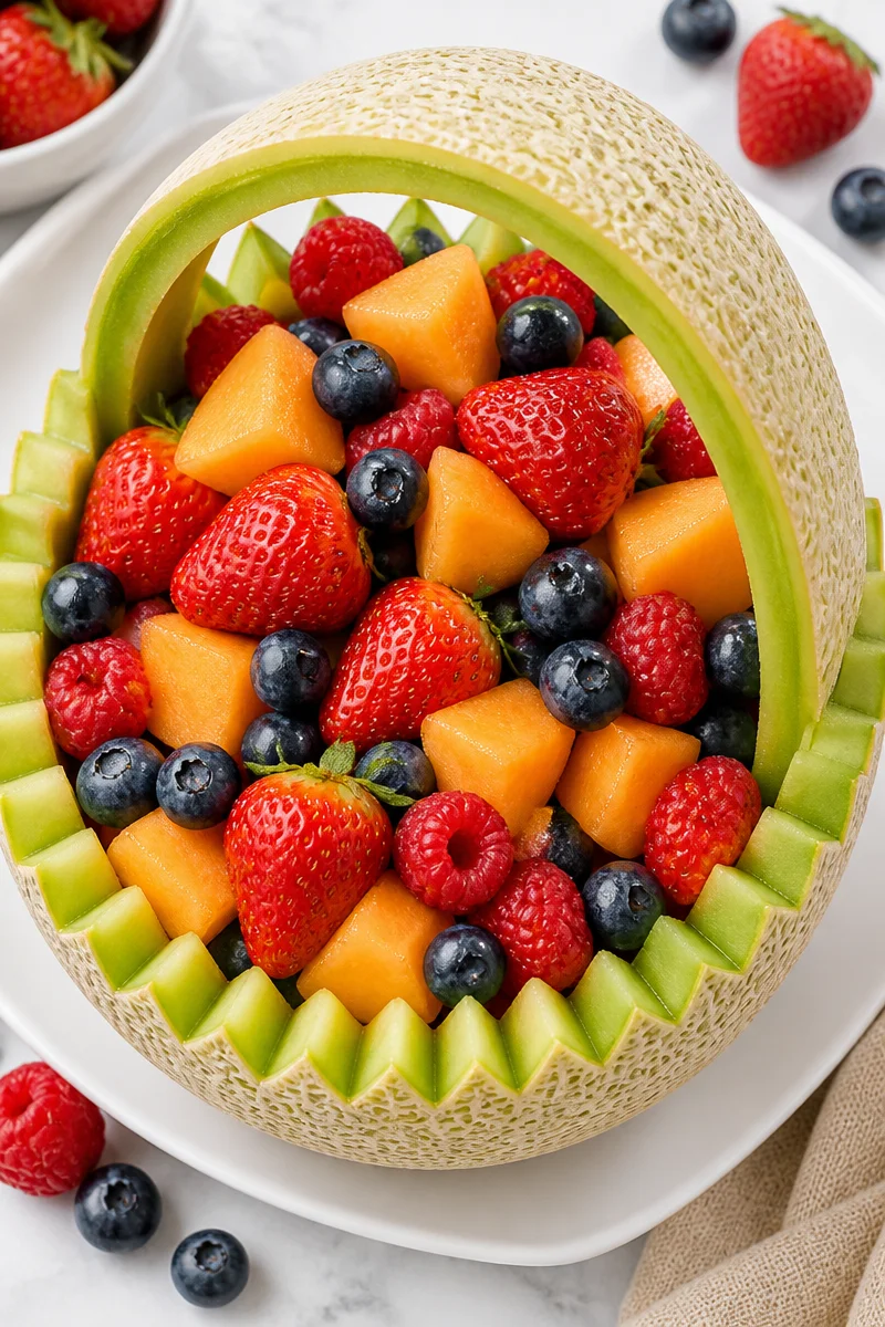 Edible Carved Melon And Berry Fruit Basket