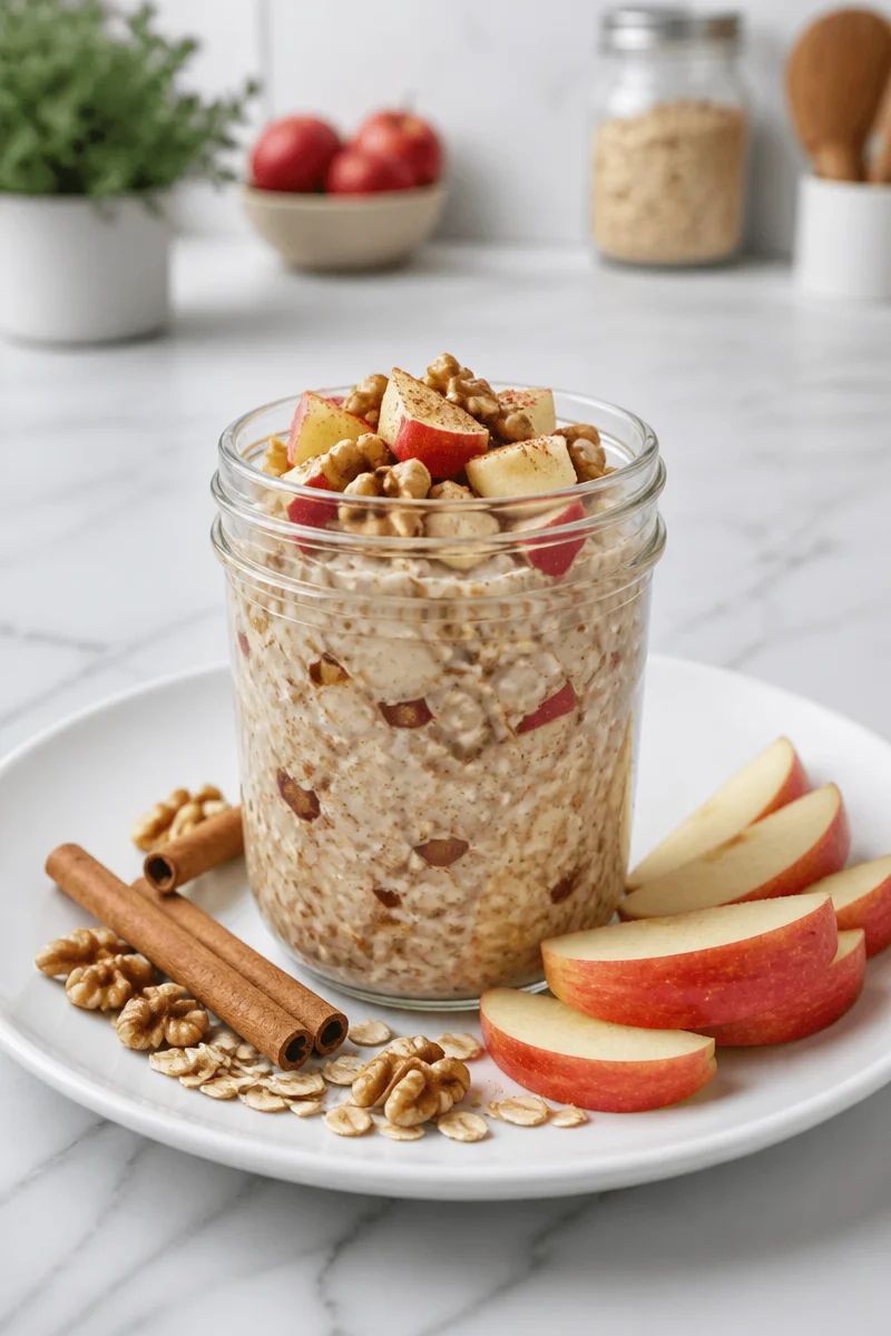 Bowl of fall harvest apple cinnamon overnight oats topped with fresh apples