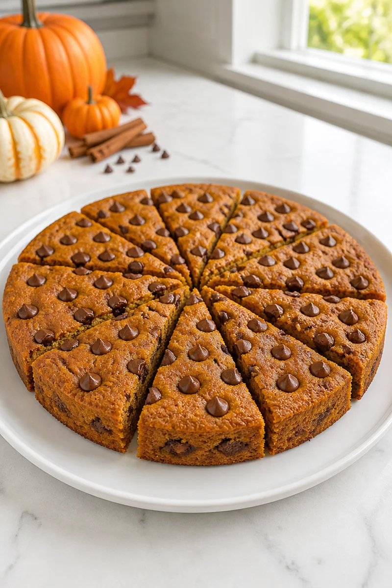 Fall harvest pumpkin spice chocolate chip cookie cake with warm spices.