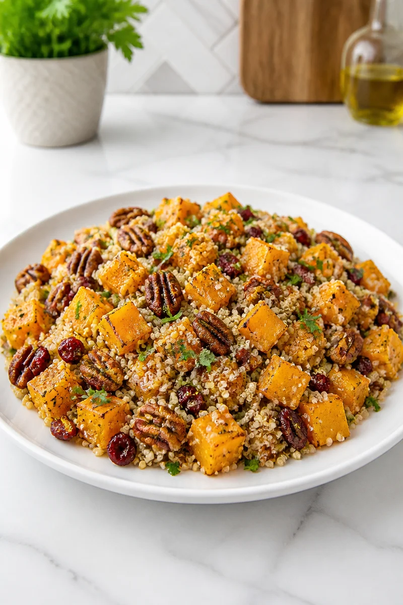 Fall roasted butternut squash with pecans served with quinoa in a bowl.