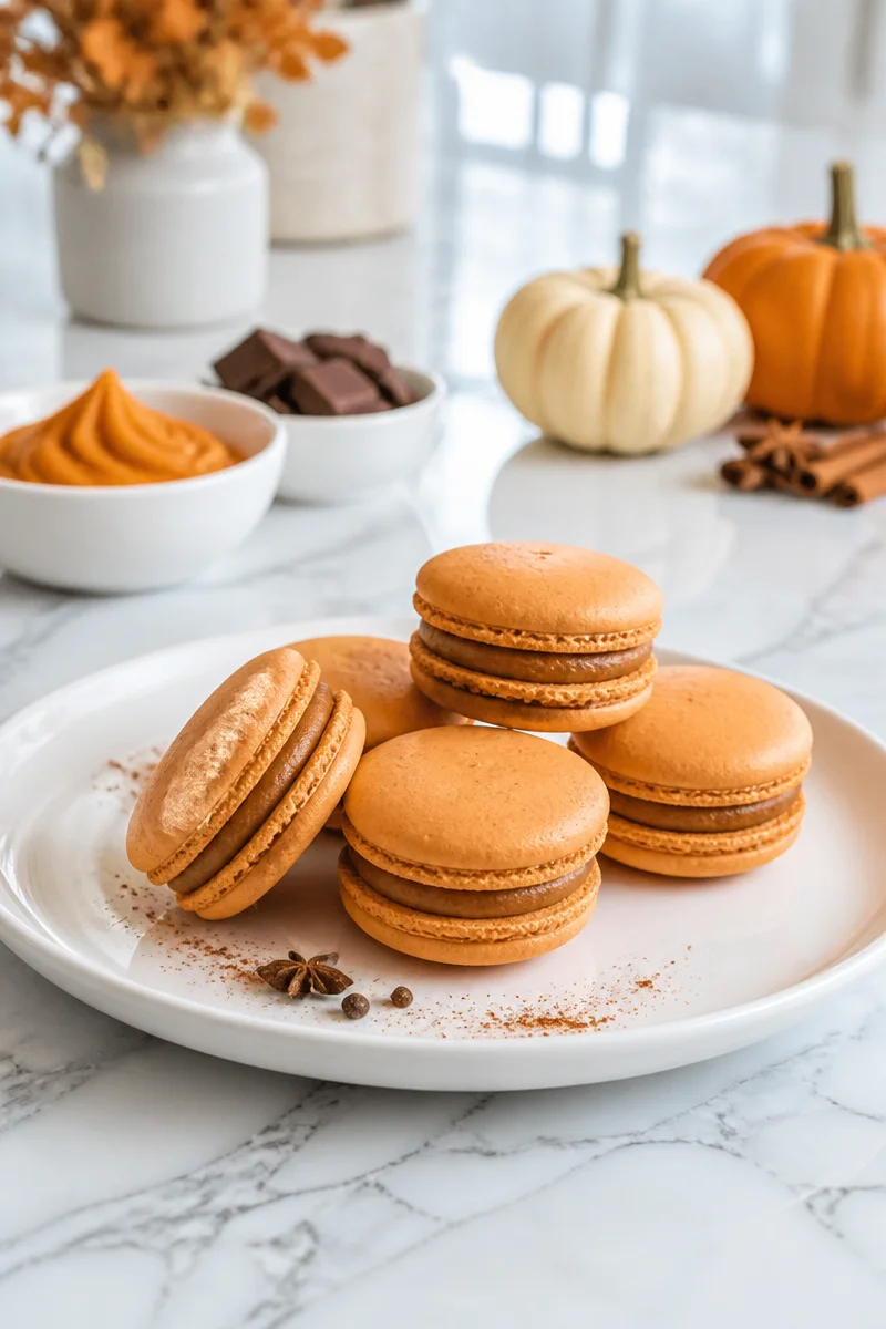 Delicious Fall Spiced Pumpkin Ganache French Macaron on a decorative plate