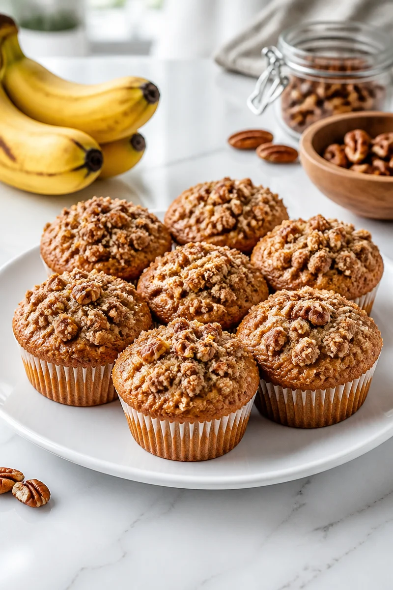 Fluffy banana nut muffins with pecan streusel topping