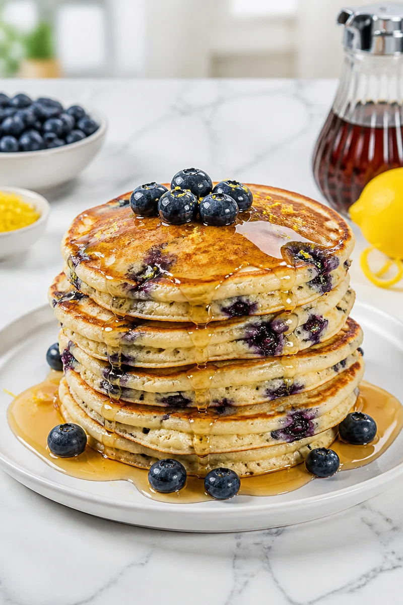 Fluffy blueberry lemon ricotta pancakes stacked on a plate, drizzled with syrup.