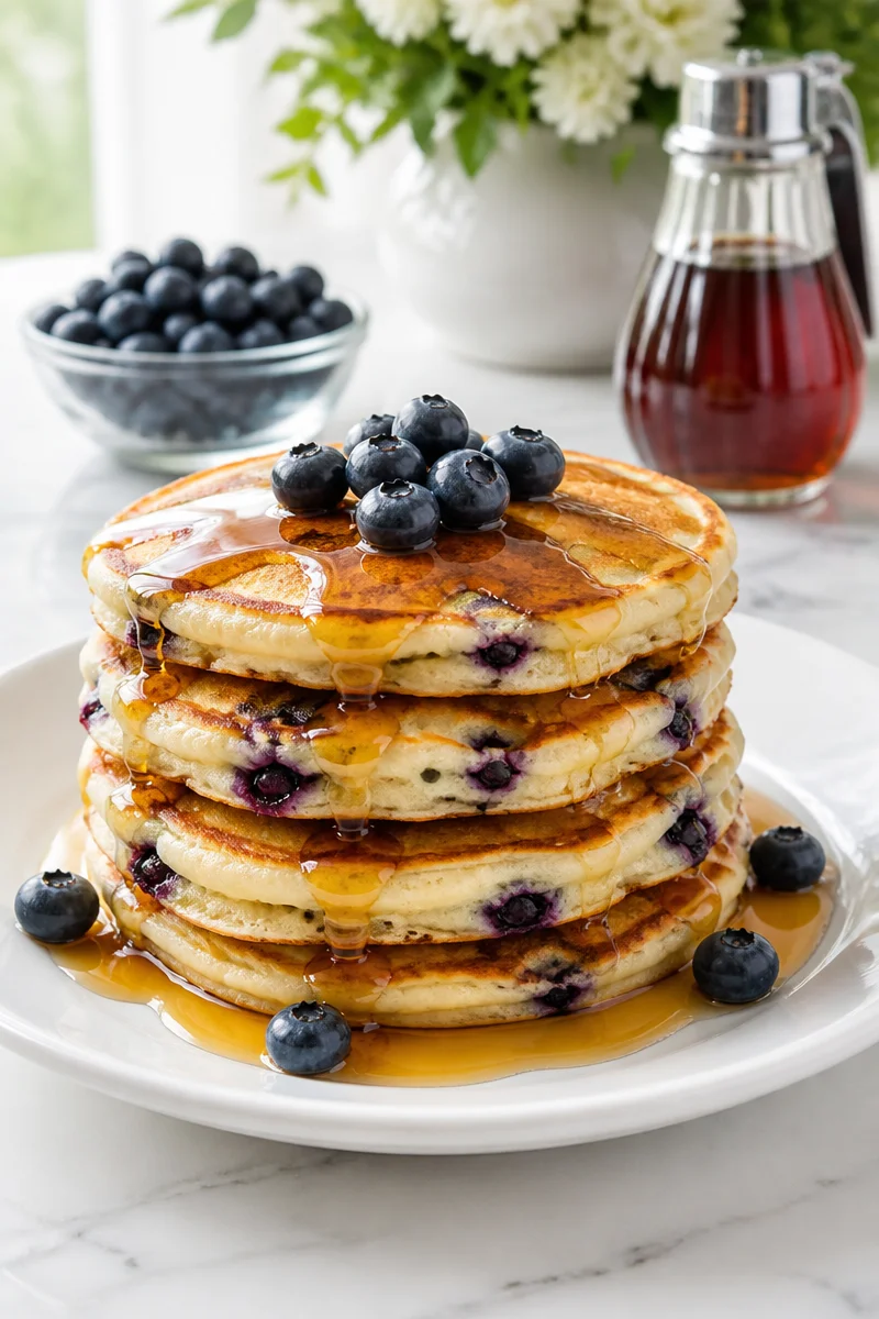 Fluffy blueberry pancakes topped with maple syrup on a breakfast plate.