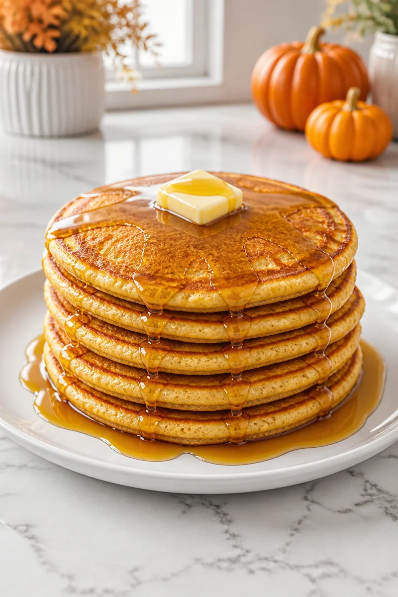 Fluffy buttermilk pumpkin spice pancakes stacked with maple syrup and cinnamon