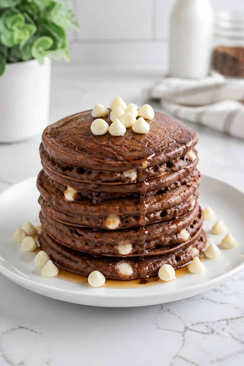 Delicious fluffy chocolate pancakes topped with white chocolate chips on a plate