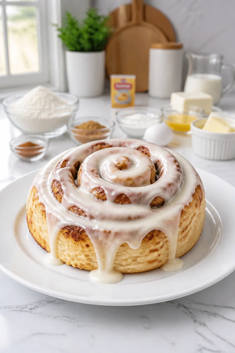 Fluffy homemade cream cheese cinnamon roll topped with creamy frosting