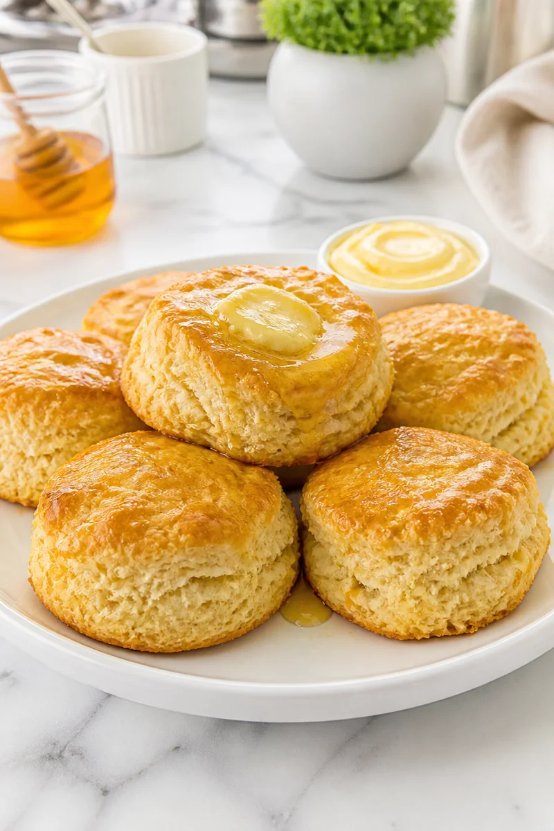 Fluffy homemade honey butter biscuits served on a plate with honey drizzle.