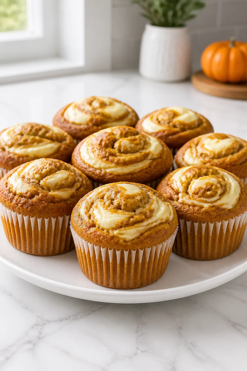 Fluffy pumpkin muffins with cream cheese swirl on a plate