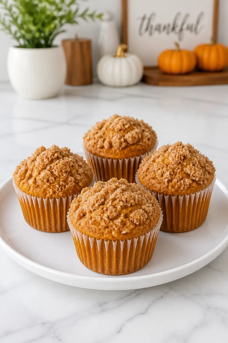 Fluffy pumpkin spice crumb muffin topped with streusel