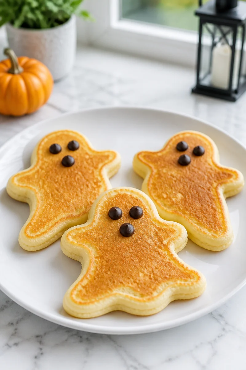 Fluffy spooky ghost-shaped buttermilk Halloween pancake on a plate