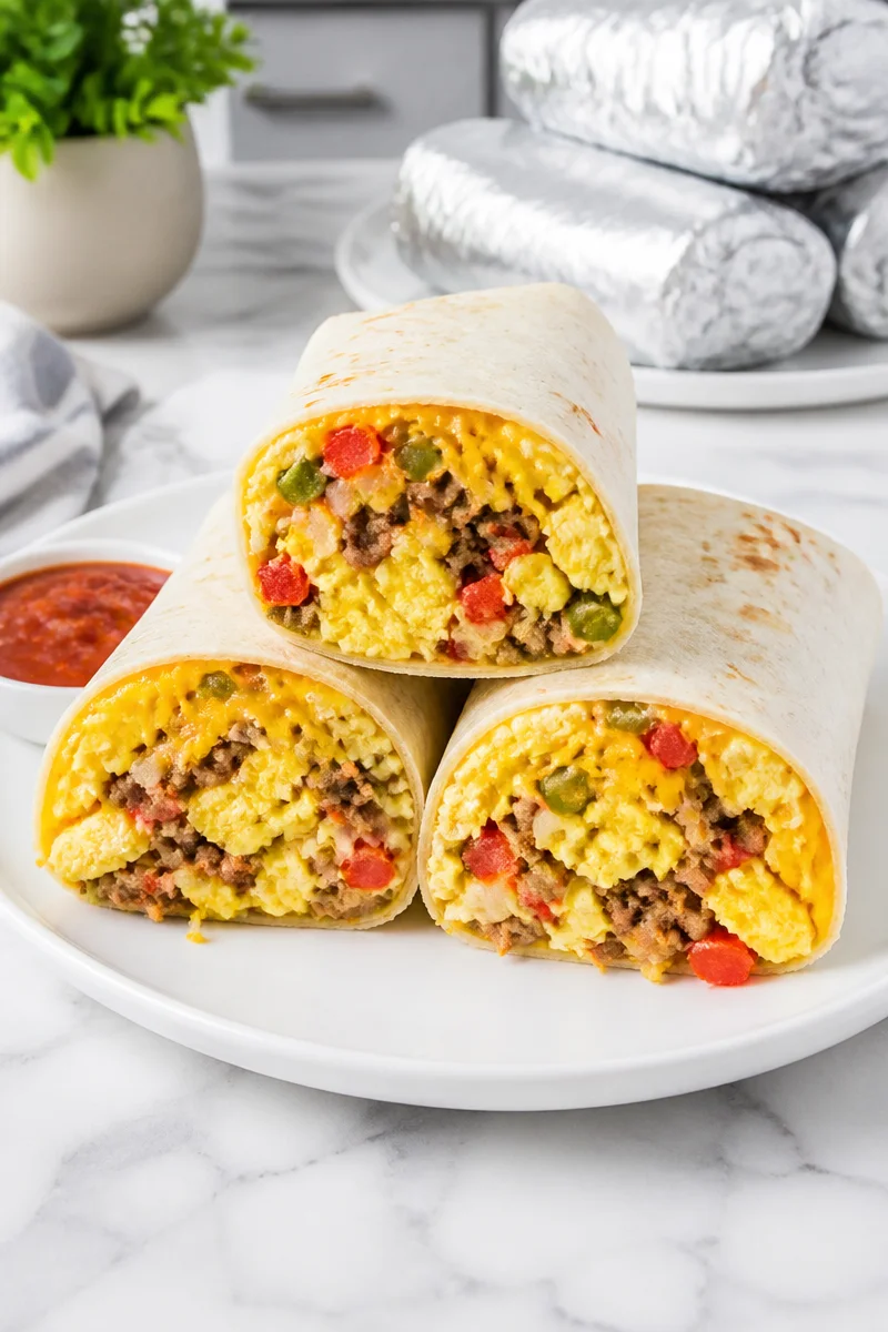 Freezer-friendly egg and beef sausage breakfast burrito on a plate