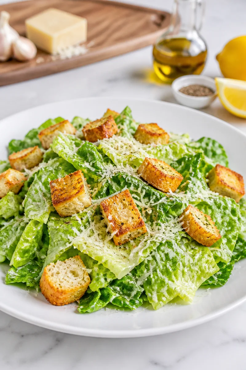Fresh Caesar Salad topped with homemade croutons and grated Parmesan cheese