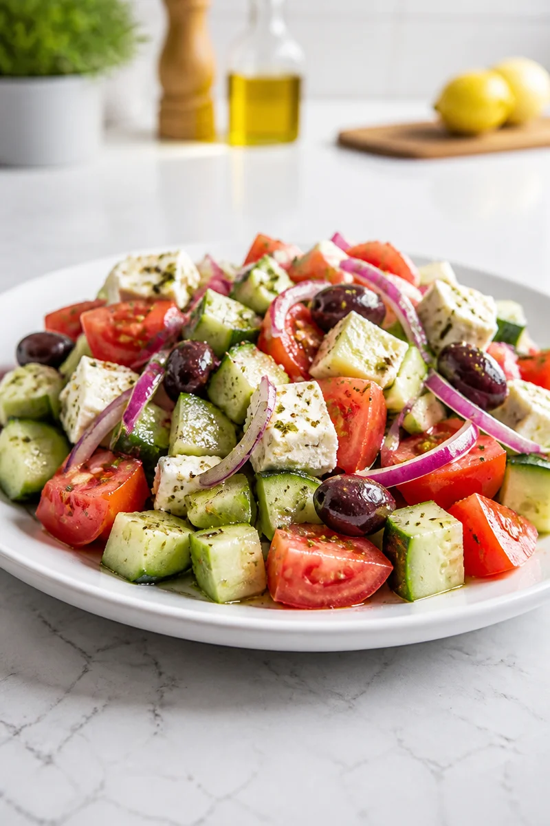Fresh Greek salad with cucumbers, feta cheese, and olives in a bowl