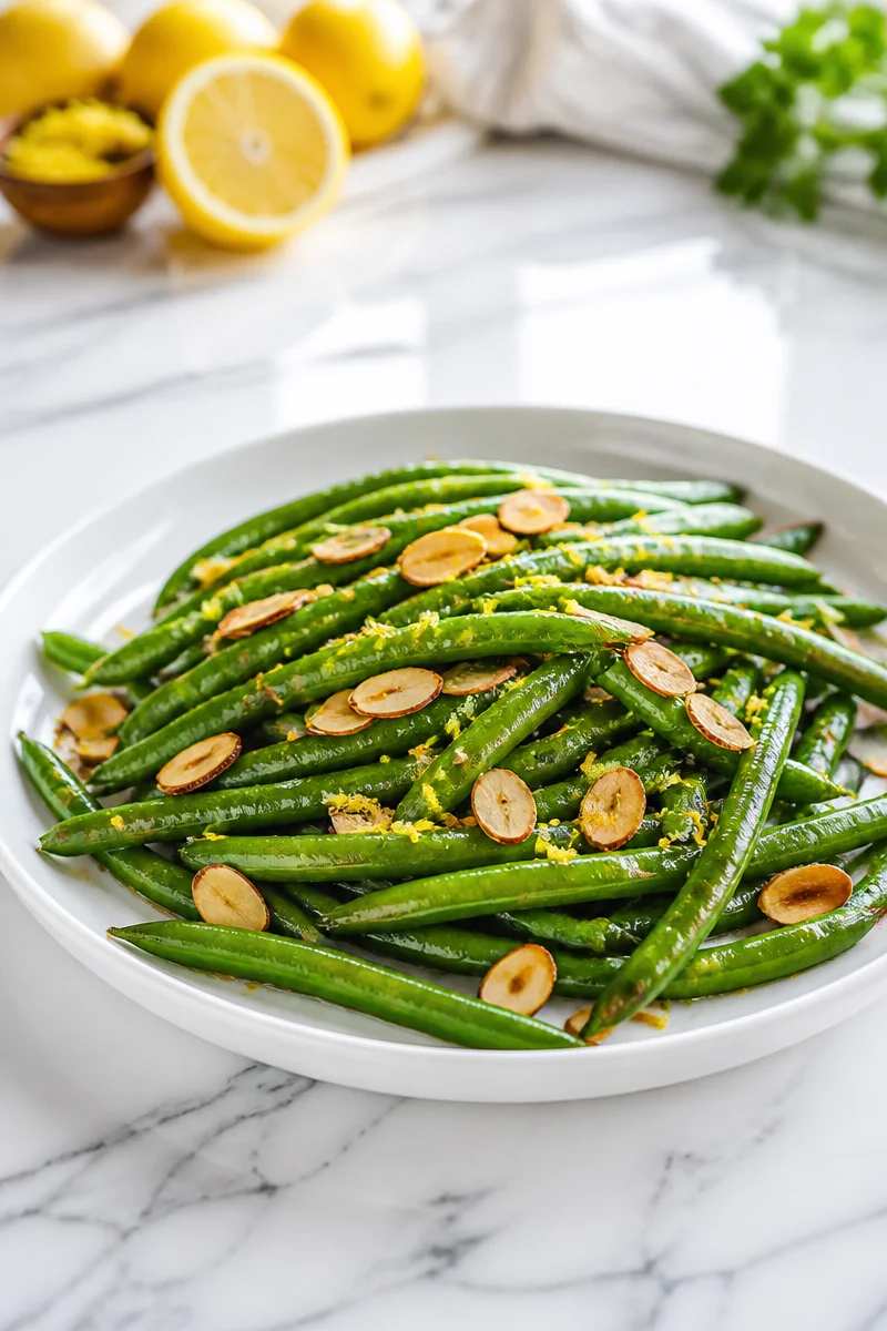 Fresh lemon and toasted almond green bean recipe served on a plate.