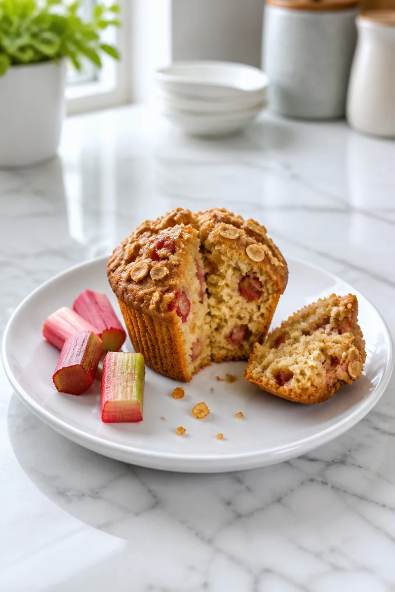 Freshly baked rhubarb muffin topped with cinnamon streusel