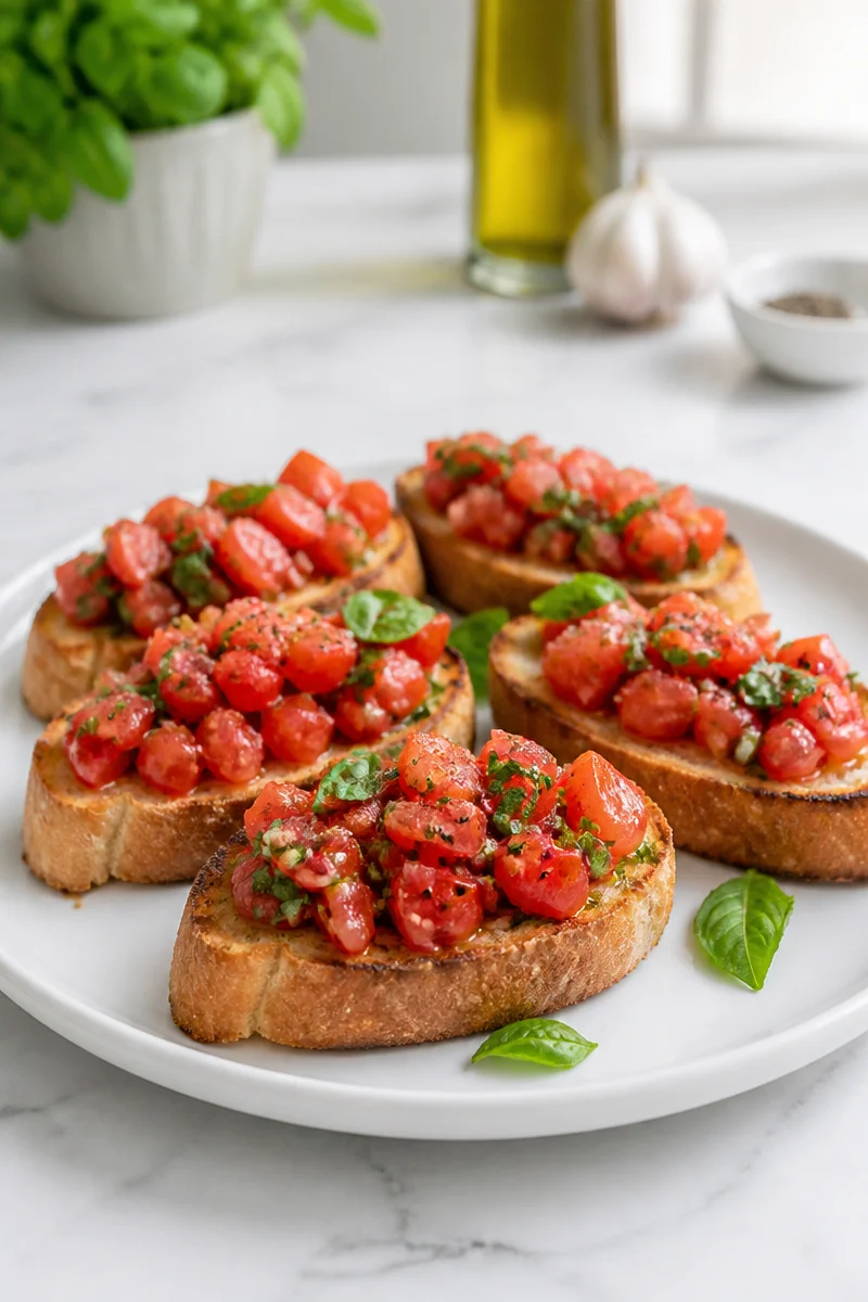 Delicious fresh tomato basil bruschetta appetizer on toasted bread