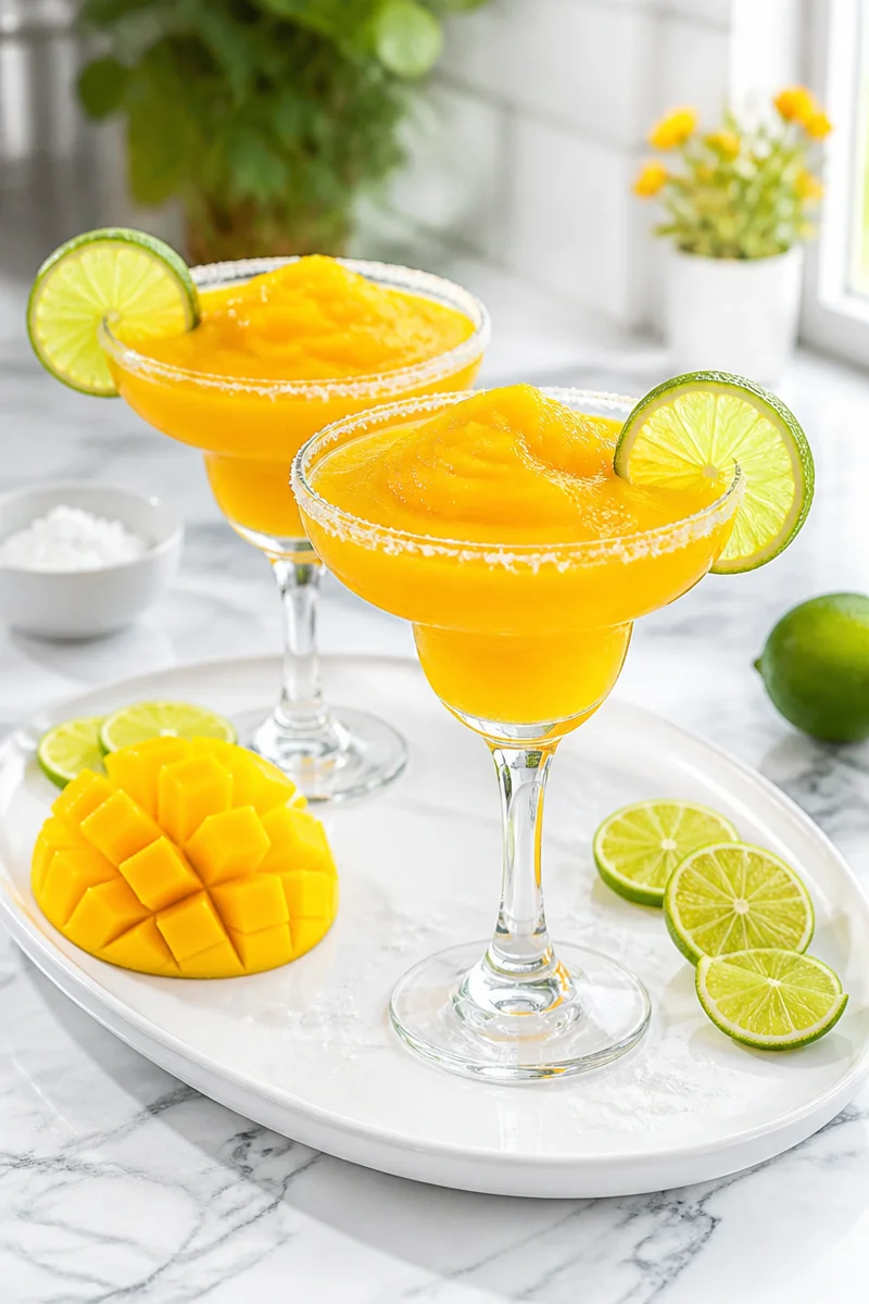 Frozen mango margarita mocktail in a glass with a slice of mango