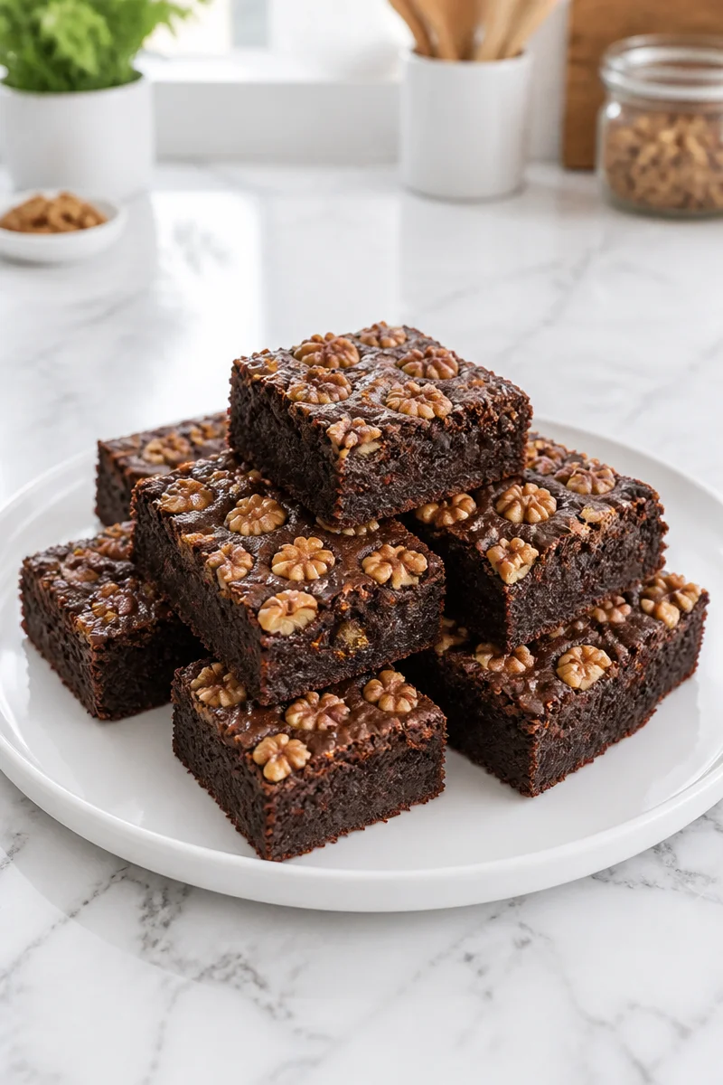 Fudgy chocolate brownies with walnuts on a white plate