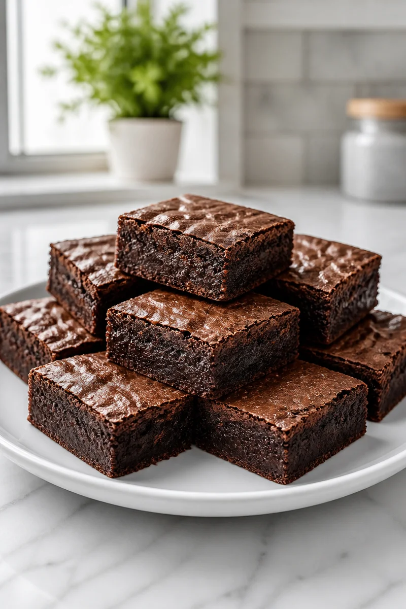 Fudgy double dark chocolate brownie dessert on a white plate