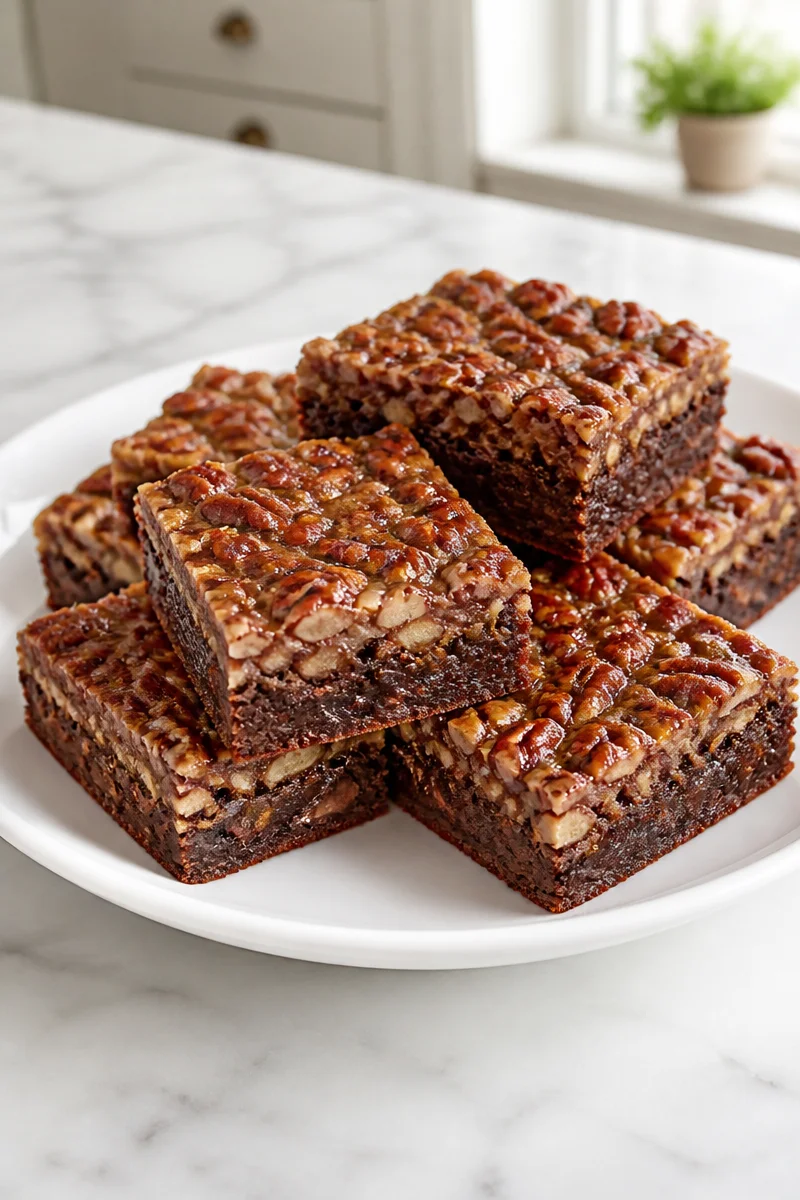 Fudgy layered pecan pie brownie dessert with chocolate and pecans