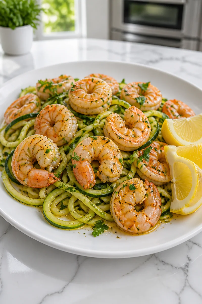 Delicious Garlic Butter Shrimp served on a bed of Zucchini Noodles