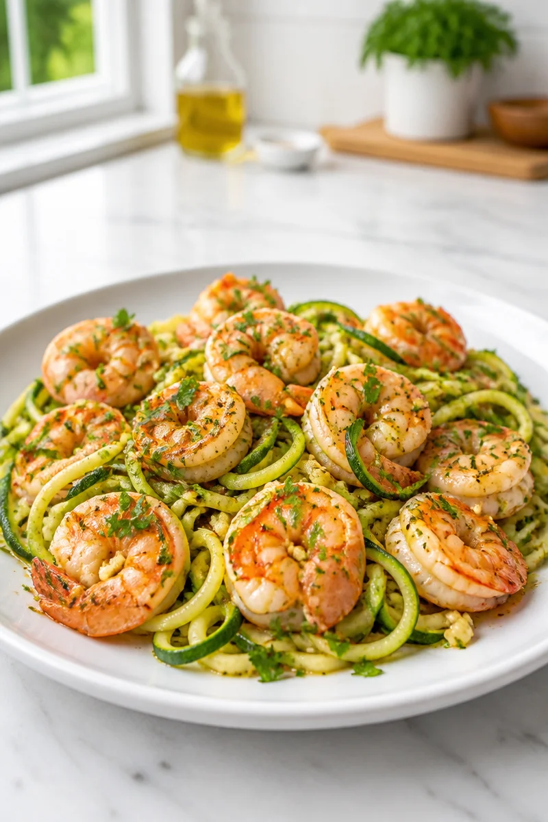 Delicious Garlic Butter Shrimp served over Zucchini Noodles in a bowl