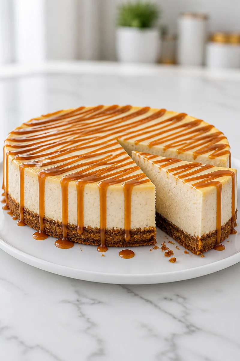 Delicious Gingerbread Cheesecake drizzled with caramel sauce
