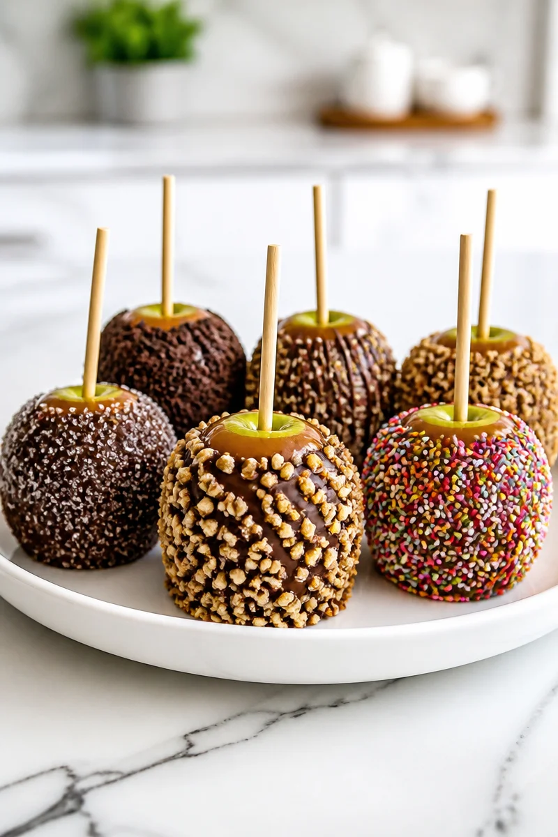 Gourmet chocolate dipped caramel apple dessert with rich chocolate coating