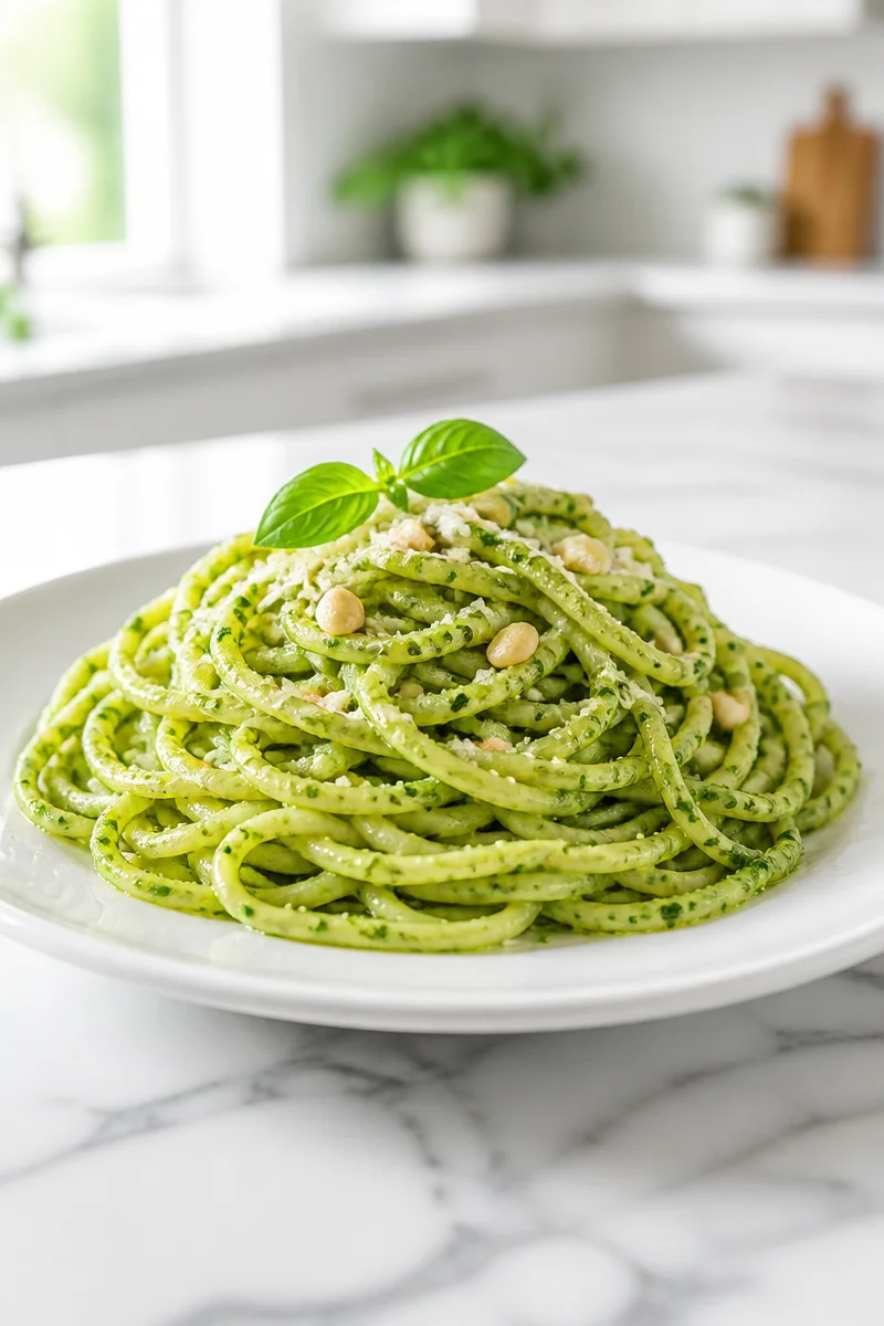 Delicious Green Pesto Witch Hair Pasta garnished with herbs