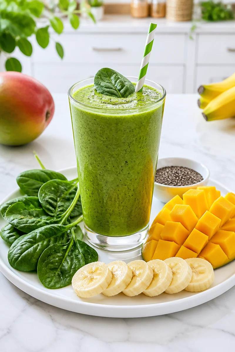 Green spinach and mango detox smoothie drink for natural cleansing and vitality
