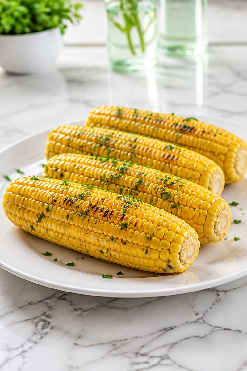 Grilled corn on the cob with garlic butter, ready to serve at a summer barbecue.