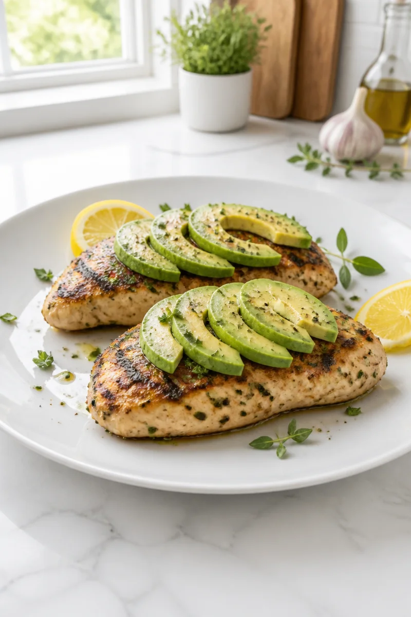 Grilled lemon herb chicken breast served with avocado slices