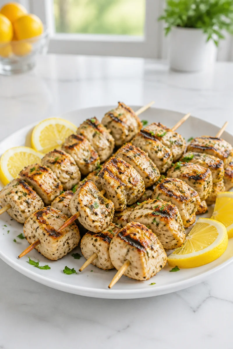 Grilled lemon herb chicken skewers served on a plate with fresh herbs