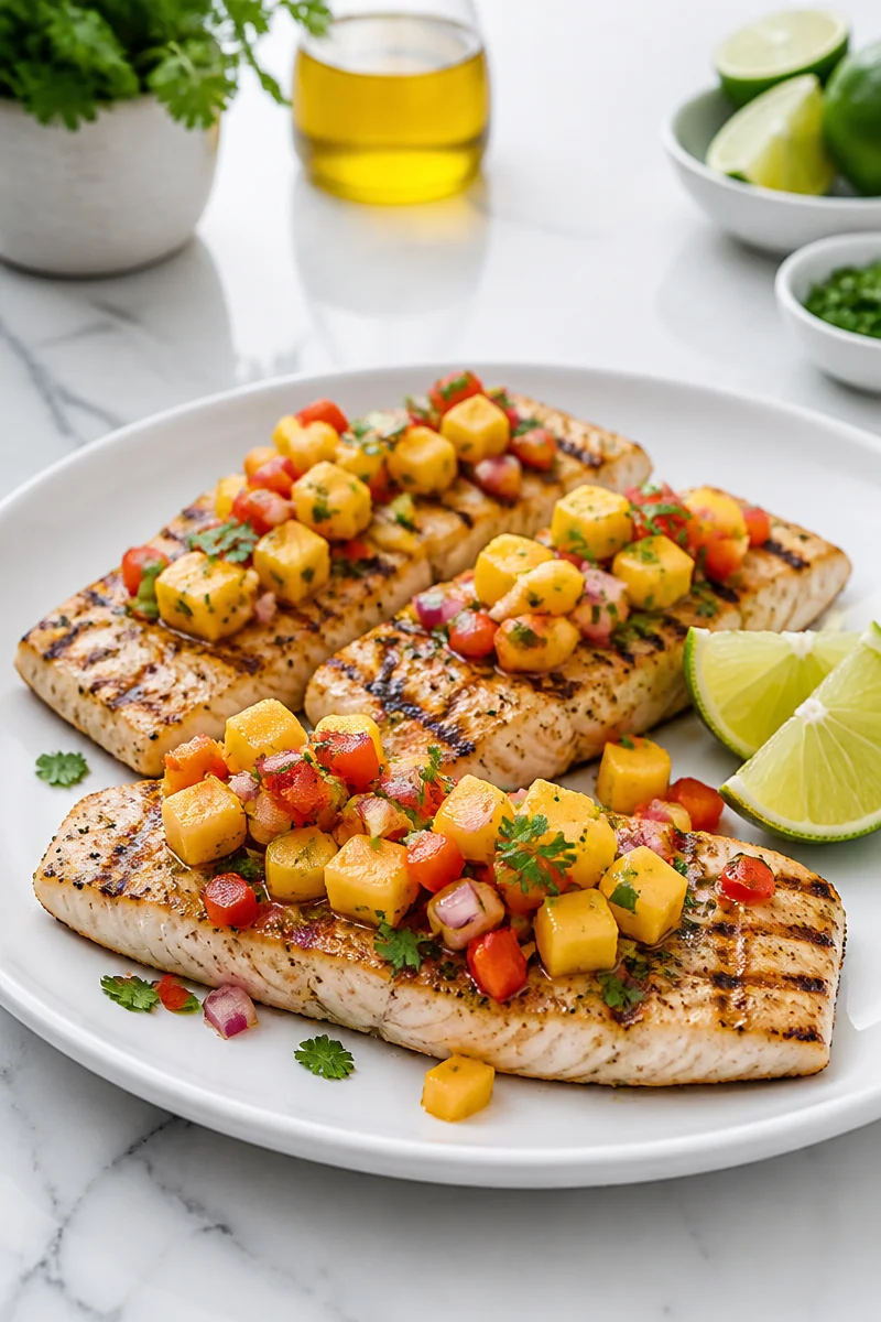 Grilled mahi mahi fillet with zesty mango salsa on a plate