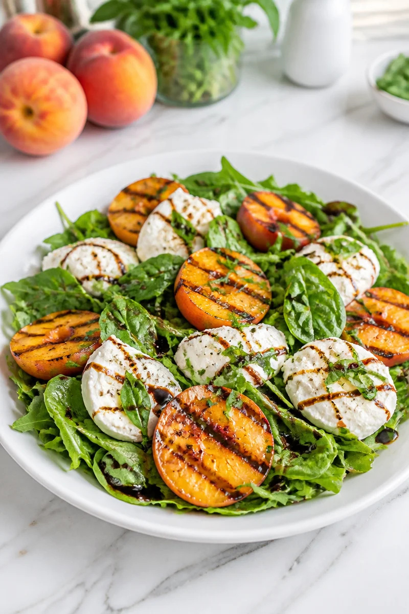 Grilled Peach and Burrata Summer Salad with fresh ingredients