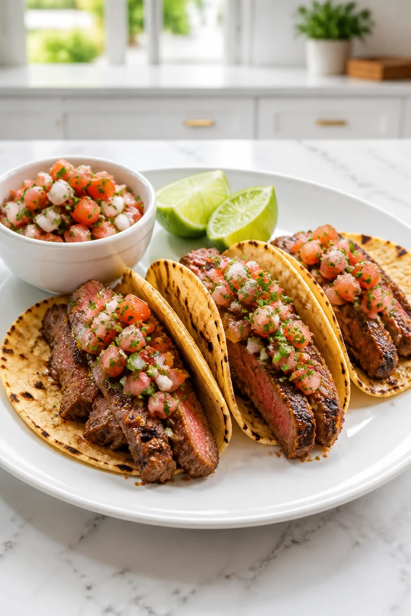 Delicious grilled steak taco garnished with fresh pico de gallo on a plate.