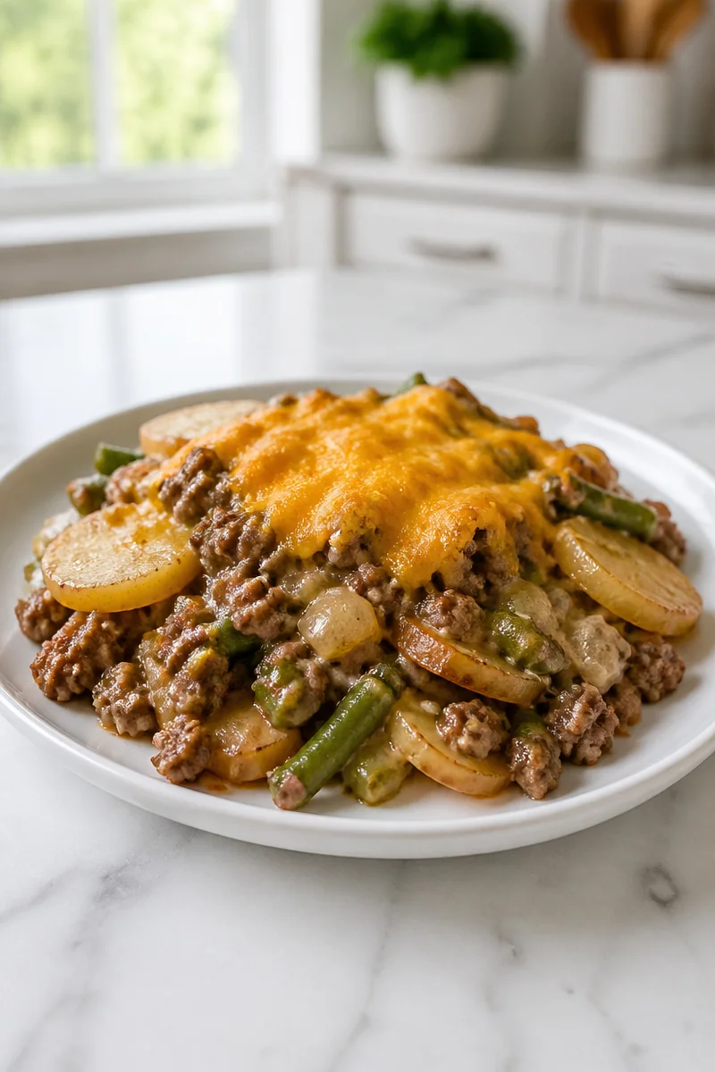 Ground beef and potato casserole with green beans in a baking dish