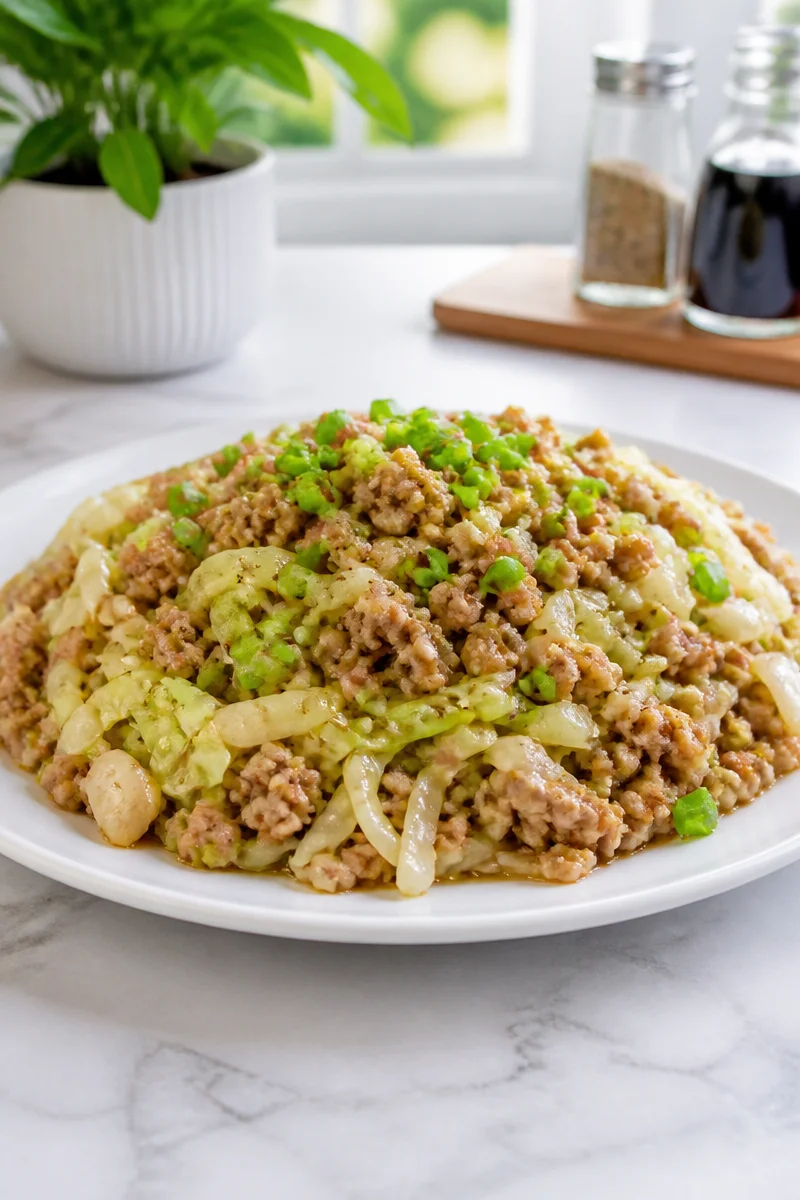 Ground pork stir fry with cabbage and ginger served in a bowl