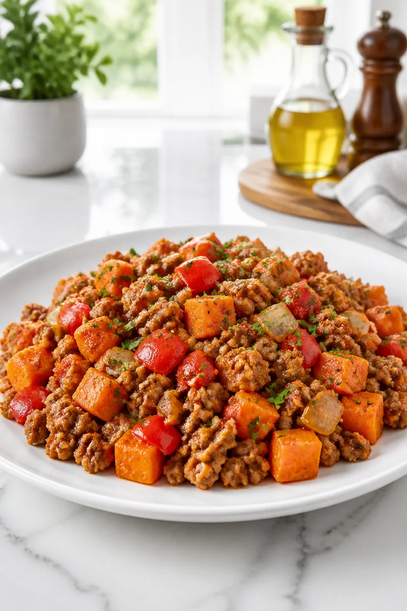 Ground turkey and sweet potato skillet dish served in a skillet.