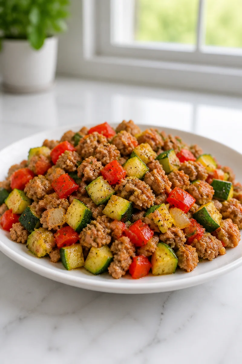 Ground turkey and zucchini skillet dinner in a colorful serving dish