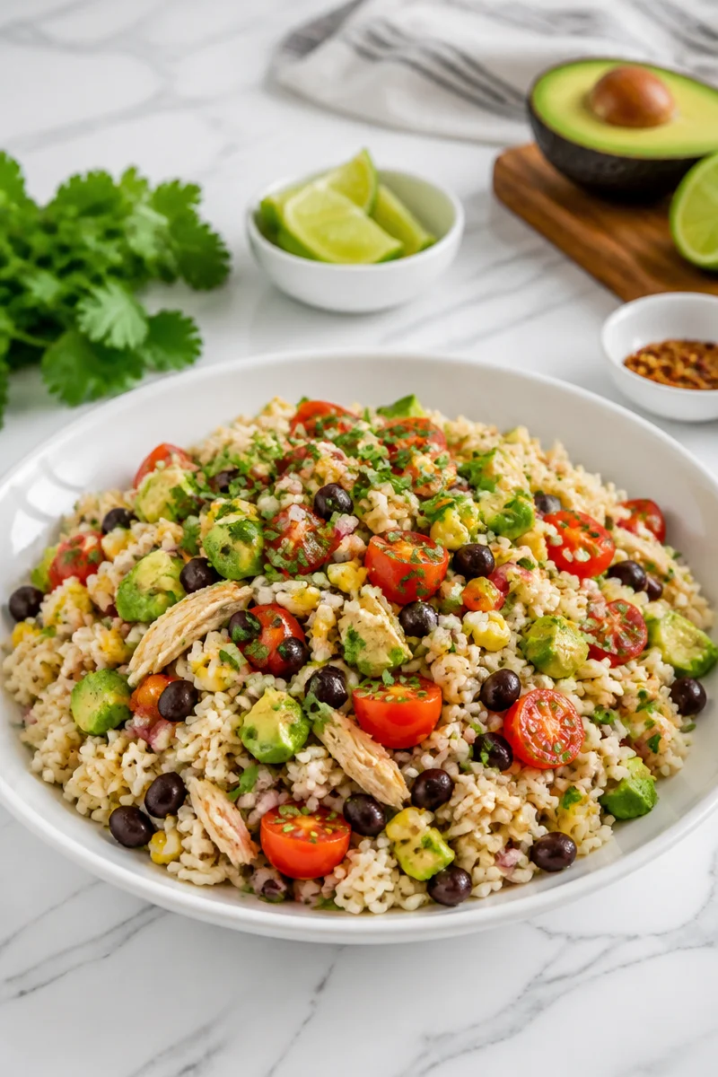 Healthy avocado black bean bowl with street corn, chicken, and rice