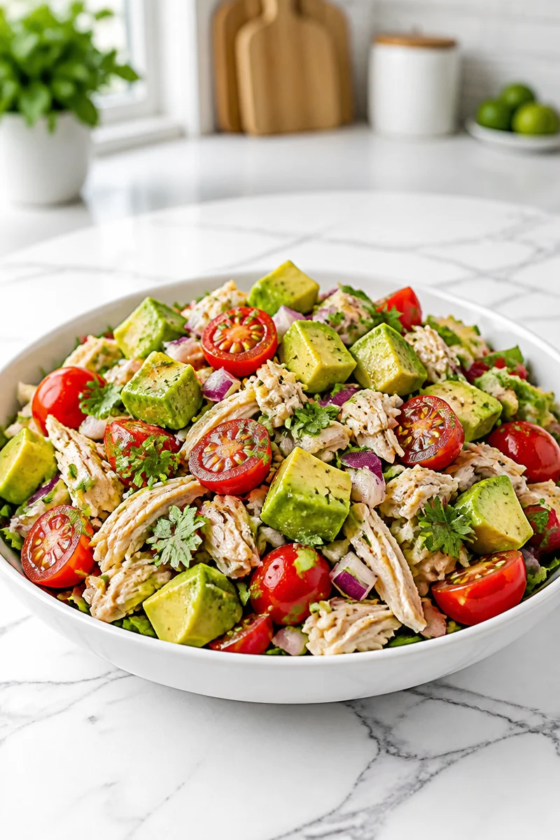 Healthy avocado chicken salad bowl with fresh ingredients